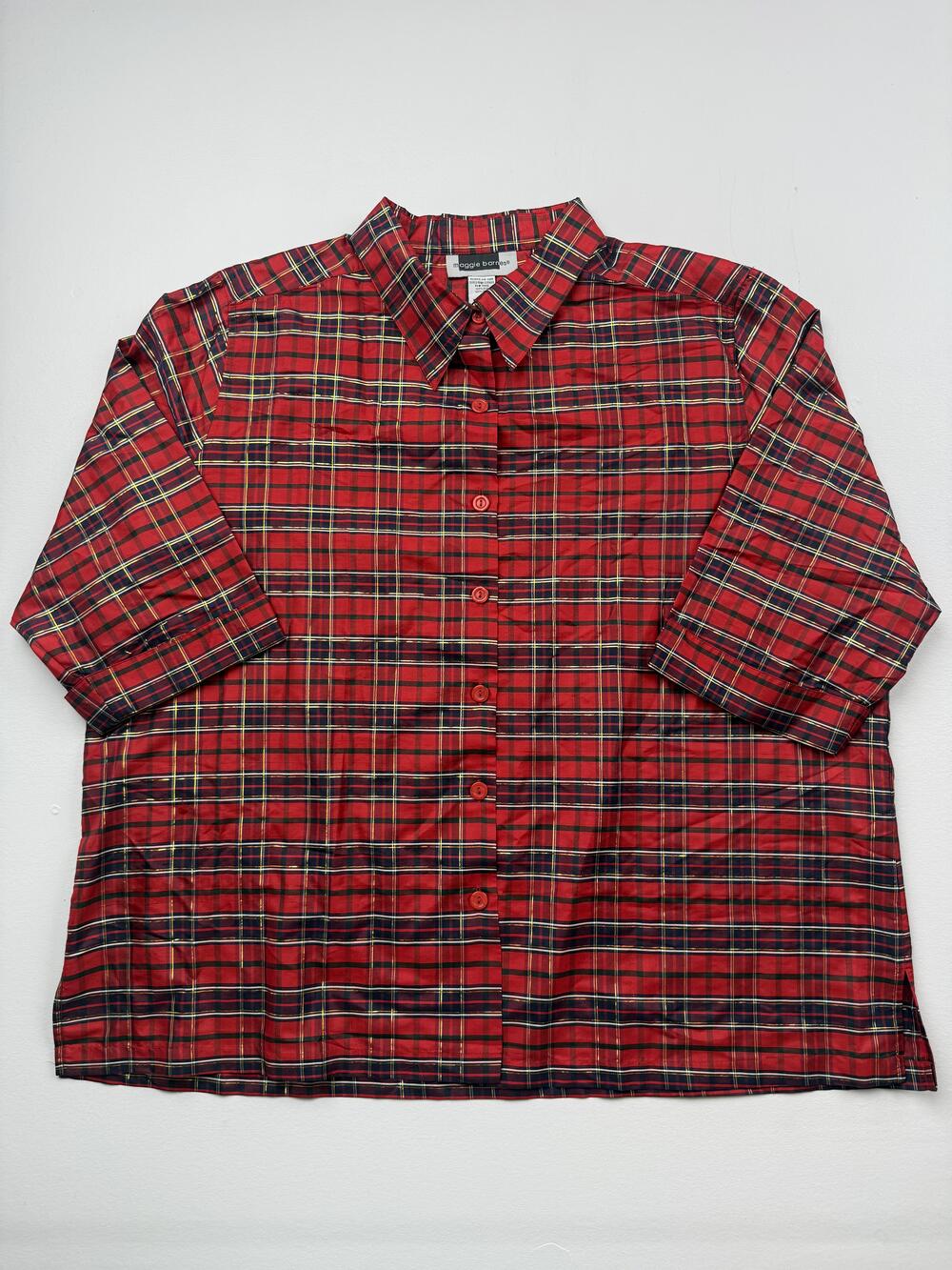 Maggie Barnes Button Up Shirt Womens 24 Red Plaid Collared 3/4 Sleeve Silk Top